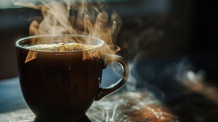 The photo shows a mug full of hot beverage, with a gentle haze rising above its surface, creating an atmosphere of warmth and coziness