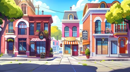 An empty sidewalk and road along a sunny city street with a nice house and cafe. Modern illustration of a street scene in a residential district. Brick facades with windows and doors, empty sidewalks