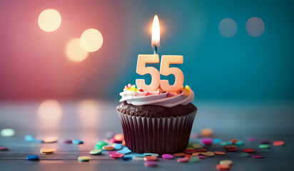 Birthday cupcake with burning lit candle with number 55. Number fiftyfive for fifty years or fifty-fifth anniversary.