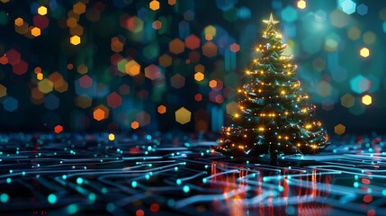 festive electronic christmas tree made with glowing lights and circuits representing modern holiday technology 3d illustration