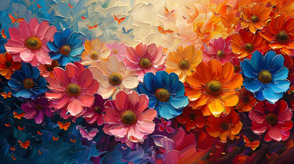 Energetic Blossoms: Vibrant Flowers and Butterflies Convey a Powerful Transformation``` - obrazy, fototapety, plakaty