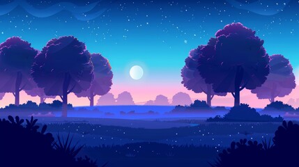 Night landscape with dark trees, bushes, grass. Nature park scene, countryside panorama with trees and meadows, blue sky and full moon modern illustration. - obrazy, fototapety, plakaty