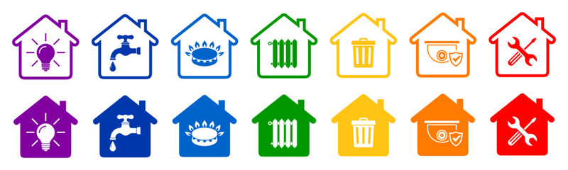 Utility bills icons in flat style in house form: water, gas, lighting, heating, waste, security, repair. Set utility payments signs – vector
