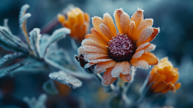 frozen flower covered with snowflakes