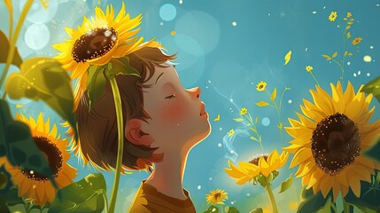 The little prince is smelling sunflowers - obrazy, fototapety, plakaty