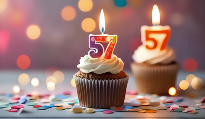 Birthday cupcake with burning lit candle with number 57. Number fiftyseven for fifty years or fifty-seventh anniversary