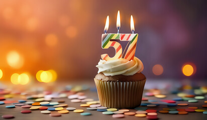 Birthday cupcake with burning lit candle with number 57. Number fiftyseven for fifty years or fifty-seventh anniversary