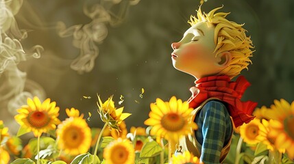 The little prince is smelling sunflowers