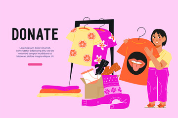 Charitable clothing donation concept of website banner or flyer, flat vector illustration. Charity and donation event promotion.