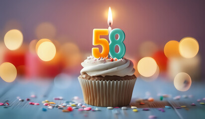 Birthday cupcake with burning lit candle with number 58. Number fiftyeight for fifty years or fifty-eighth anniversary