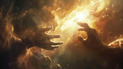 god creating the universe and mankind adam reaching out to touch gods hand religious concept illustration - obrazy, fototapety, plakaty