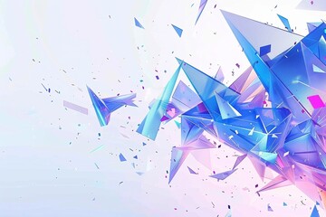 Dynamic blue triangles and multicolored confetti burst across a crisp white background, creating a modern, tech-inspired composition for web banner