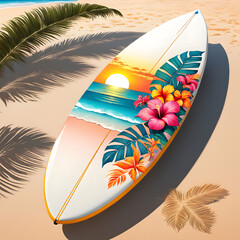 surfboard adorned with vibrant tropical motifs clipart style palm leaves parrots hibiscus juxta