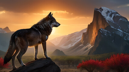 Beautiful wolf in the mountains at sunset. - obrazy, fototapety, plakaty