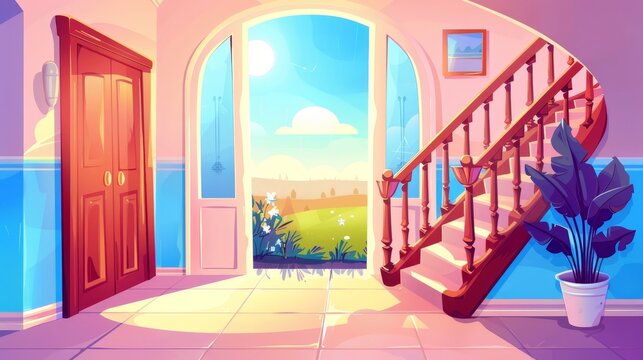 There is a cartoon image of a hallway, featuring stairs and an open door. There is also a summer sky background with meadow in the window in the home entrance. There is vintage furniture in the