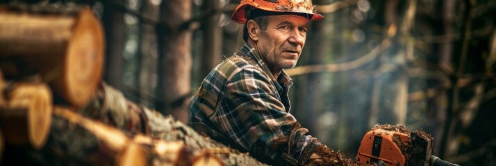 Professional Timber Worker with His Gasoline Wood Cutter. International Workers' Day concept. Labor day - obrazy, fototapety, plakaty