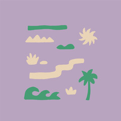 Paysage, nature, collection de vecteurs, vectoriel, illustration fait main, surf, palmier, océan, soleil, dunes