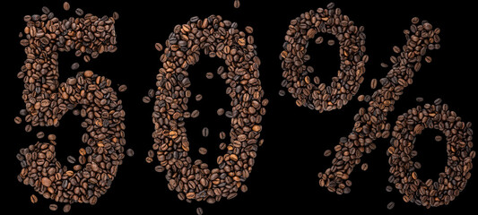 Percent sign 50, discount, promotion, coffee beans on black background.
