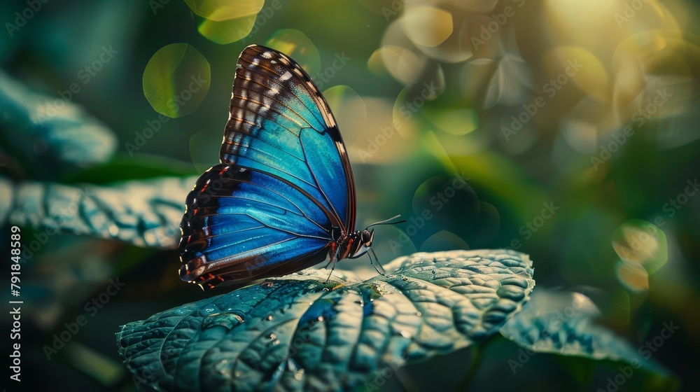 Wall mural majestic blue morpho butterfly resting on leaf in lush rainforest vibrant tropical beauty closeup ph