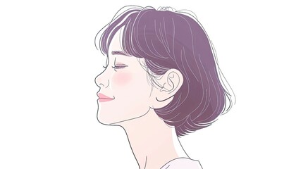 illustration of a Korean woman with short hair, shown in profile view smiling softly