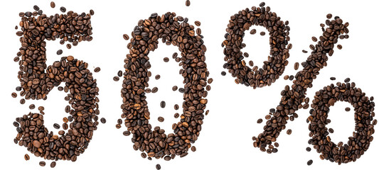 Percent sign 50, discount, promotion, coffee beans on white background.