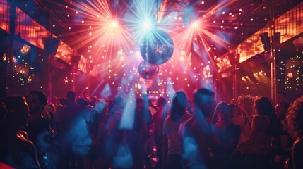 A lively nightclub with vibrant lights and people dancing under the disco ball, creating an energetic atmosphere.