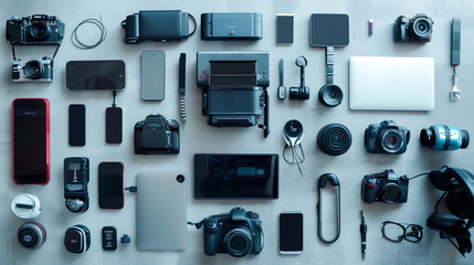 Technological items arranged on a light countertop, photo taken from above  - obrazy, fototapety, plakaty