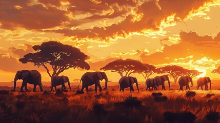 Obraz premium majestic elephant herd traversing savanna at golden hour acacia trees silhouette digital painting