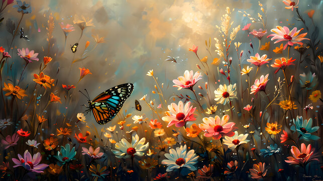 Dawn's Delicate Dance: Butterfly Grace Above Morning Blossoms' Gentle Sway