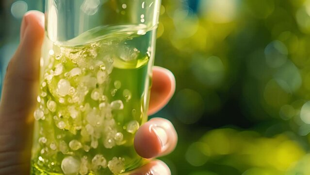 A closeup of a hand holding a glass of green liquid with small bubbles and pieces of microalgae floating inside. The caption reads The future of green energy biofuel made from microalgae .