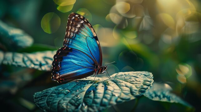 majestic blue morpho butterfly resting on leaf in lush rainforest vibrant tropical beauty closeup photo