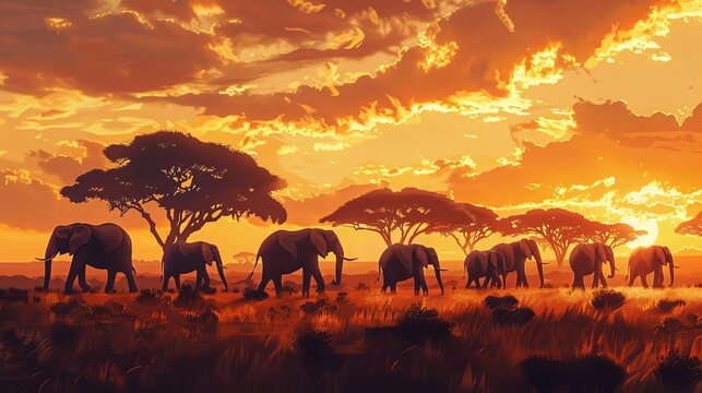 majestic elephant herd traversing savanna at golden hour acacia trees silhouette digital painting