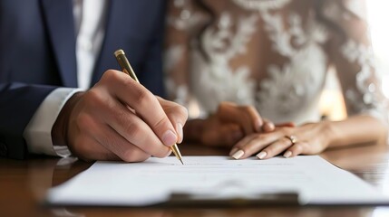 married couple signing will document in lawyers office estate planning and inheritance concept