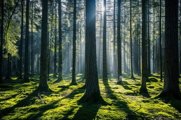A serene forest scene with tall trees, sunlight filtering through the canopy and moss-covered ground.