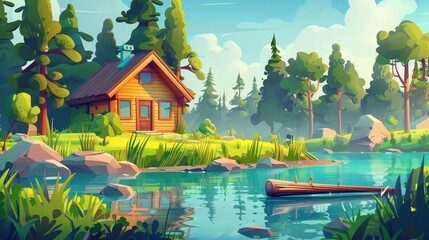 Detailed modern cartoon illustration of a wooden cabin on the shore of a lake. Summer landscape with small houses, hotels, river with logs, green grass and bushes, modern illustration. - obrazy, fototapety, plakaty