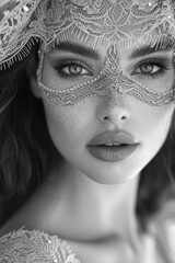 Black and white photo of a beautiful woman with makeup and a lace mask, close-up. Poster.	