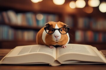 'book guinea funny pig reading glasses background goggles animal mammal cute education school pet cognition nature read sitting fun looking information domestic student adorable big red specs' - obrazy, fototapety, plakaty
