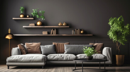 Modern black minimalist living room interior with sofa, wooden floor and brown accents.