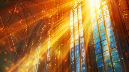 sunlight streaming through stained glass window in cathedral spiritual and divine atmosphere illustration