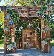 a wooden gate that makes an enchanting entrance for an event with sustainability theme made with...