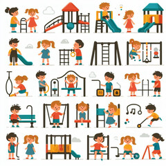 Obraz na płótnie Canvas Children play on playground. Kid playground equipment icons. Childhood pictogram icon set