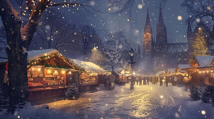 Fototapeta premium traditional christmas market in munich at night festive holiday atmosphere digital illustration