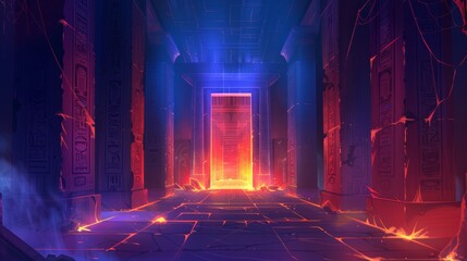 In an abandoned Egyptian palace, a dark dungeon has been created. It has been highlighted with a fire, dust and spiderweb on the pillars, as well as mysterious neon hieroglyphics on the walls.