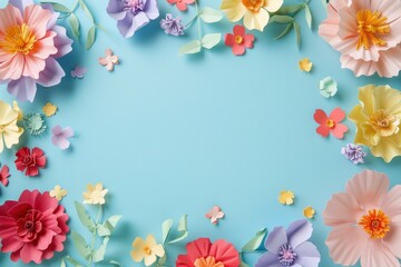 Colorful paper flowers arranged in the shape of an oval frame on a light blue background - obrazy, fototapety, plakaty