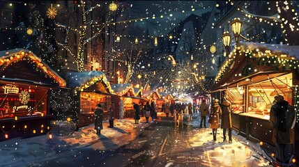 Fototapeta premium traditional christmas market in munich at night festive holiday atmosphere digital illustration