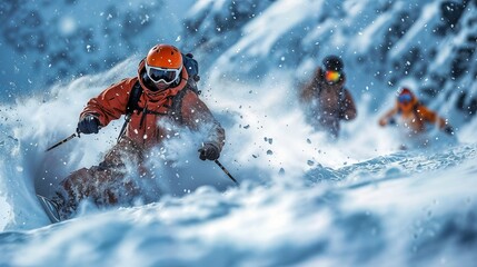 Thrilling Deep Powder Skiing with Skiers in Dynamic Action on a Sunny Day - obrazy, fototapety, plakaty