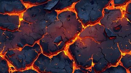 Broken earth with magma glow top view isolated on dark background. Destruction on hell floor surface. Split fracture damage with orange burn element. - obrazy, fototapety, plakaty