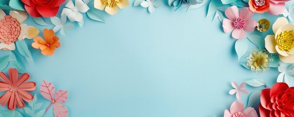 Colorful paper flowers arranged in the shape of an oval frame on a light blue background