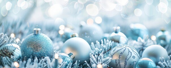 light blue christmas decoration with silver ornaments on white background with bokeh effect. Merry Christmas