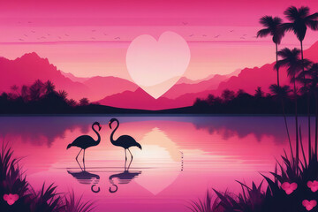 Generative AI the beauty of two loving flamingos, An affectionate and beautiful scene of two flamingos in a pink-colored lake, a loving and beautiful scene of two flamingos in a pink-colored lake